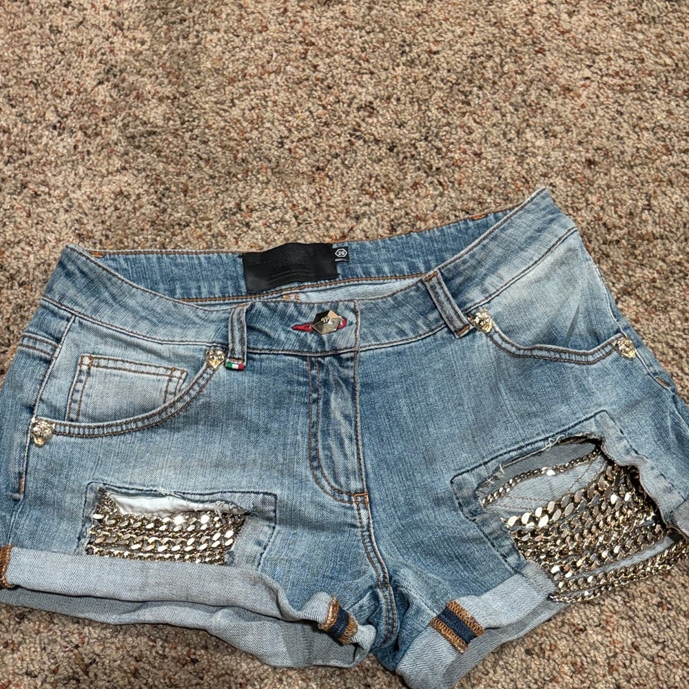 Philipp Plein Blue Distressed Jean Shorts
